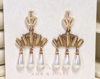Ucycled Art Deco Faux Pearl Drop Earrings; Gold Tone Bridal Jewelry