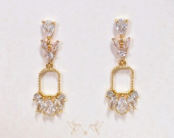 Boho Leaf Openwork Bridal Earrings: Gold Plated Cubic Zirconia
