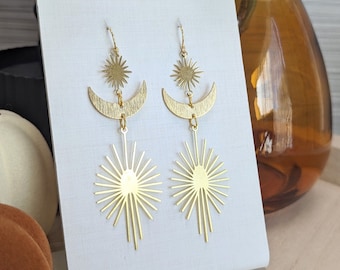 Celestial Dangle Earrings: Raw Brass Sun, Moon & Stars - Hypoallergenic