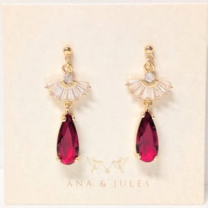 Art Deco Ruby Teardrop Earrings: Gold Plated Bridal Jewelry