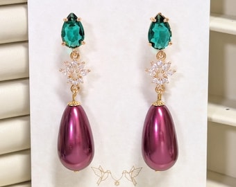 Maroon and Emerald Teardrop Earrings: Vintage Pearl Boho Floral Statement