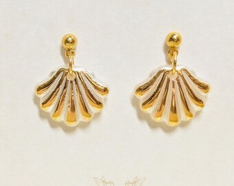 White and Gold Seashell Earrings; ABS Plastic Earrings