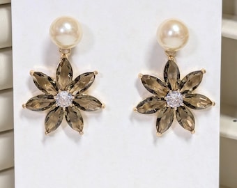 Olive Flower Earrings with Vintage Faux Pearl Studs; Bridal Earrings: Gold-Plated