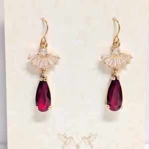 Art Deco Ruby Teardrop Earrings: Gold Plated Bridal Jewelry