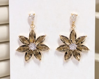 Large Flower Olive Green Earrings: Gold-Plated Bridal Jewelry