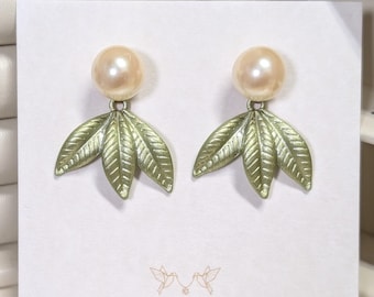 Sage Leaf Earrings with Vintage Faux Pearl Studs; Bridal Earrings: Gold-Plated