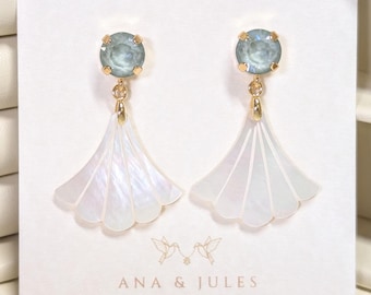 Light Sage MOP Fan Bridal Earrings; Austrian Crystal Rhinestone: White Shell