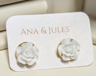 White Rose Stud Bridal Earrings; Resin Flower: 10mm