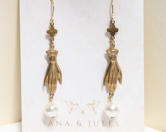 Aged Victorian Hand Earrings: Raw Brass, Faux Pearls
