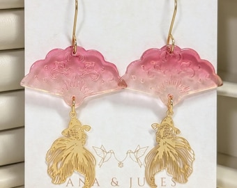 Ombre Fan Koi Earrings: Filigree Fish, Good Luck