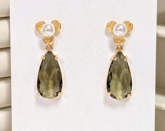 Olive Faux Pearl Floral Bridal Earrings: Gold-Plated Bridal Jewelry
