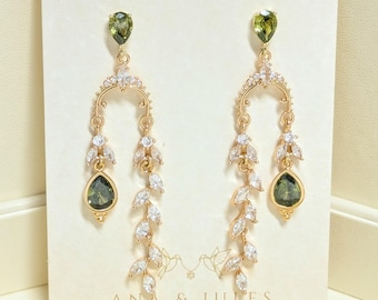 Olivine Crystal Leaf Bridal Chandelier Earrings: Dark Peridot