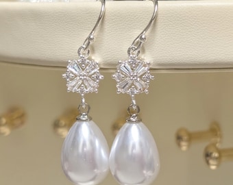 Art Deco Large Pearl Drop Earrings; Silver Plated Bridal Jewelry