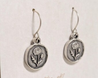Antique Silver Poppy Coin Earrings: Floral Jewelry