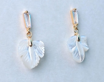 Small Mother of Pearl Leaf Earrings, Gold Plated Art Deco Style