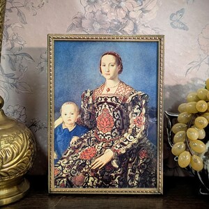 Stampa artistica d'epoca "Ritratto di Eleonora di Toledo e suo figlio Giovanni de' Medici" di Agnolo Bronzino in cornice dorata, cornice in metallo 7x5