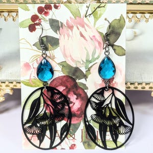 Black Floral Earrings, Teal, Botanical, Witchy, Goth Dangle Earrings, Black Plated, Gift for her Girlfriend