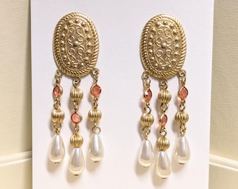 Vintage Boho Faux Pearl Chandelier Earrings; Gold Tone Bridal Jewelry