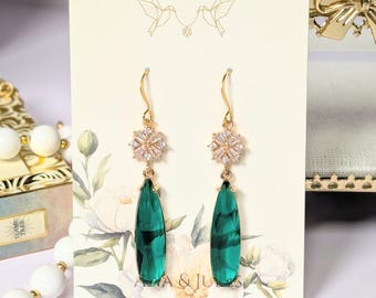 Art Deco Emerald Teardrop Earrings: Gold Flower Bridal Jewelry