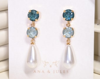 Sage and Pearl Bridal Stud Earrings; Austrian Crystal Rhinestone