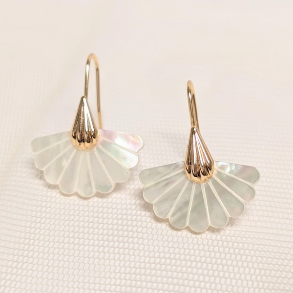 Art Deco Mother of Pearl Fan Earrings: Gold Plated Bridal Jewelry