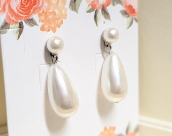 Vintage Faux Pearl Drop Earrings; Silver Tone Bridal Jewelry