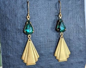 Gold Plated Emerald Green Art Deco Fan Earrings, Gold Geometric, Vintage Style, Retro, Statement, Drop Earrings, Gift for Her Women