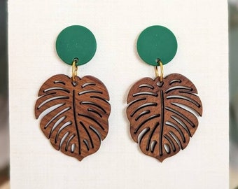Wood Monstera Leaf Drop Earrings, Topical Leaf Summer Earrings, Green, Statement, Plant Lover, Gift for Her Women Mother's Day Mom Teens