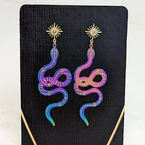 Gold Sun Snake Dangle Earrings: Holographic Statement Jewelry