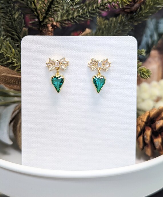 Bowknot Heart Drop Earrings, Bow, Emerald Green, Sparkle