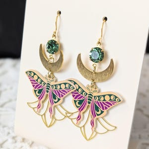 Luna Moth Dangle Earrings: Brass Moon, Gemstone Insect Jewelry