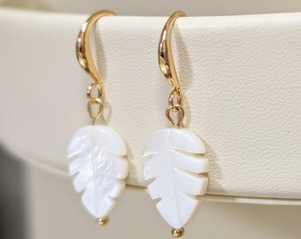 Carved Shell Leaf Earrings; Bridal Earrings: Gold Plated