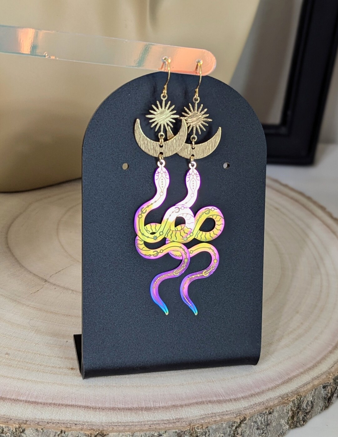 Gold Eclipse Rainbow Snake Earrings: Holographic EDM Statement Jewelry ...