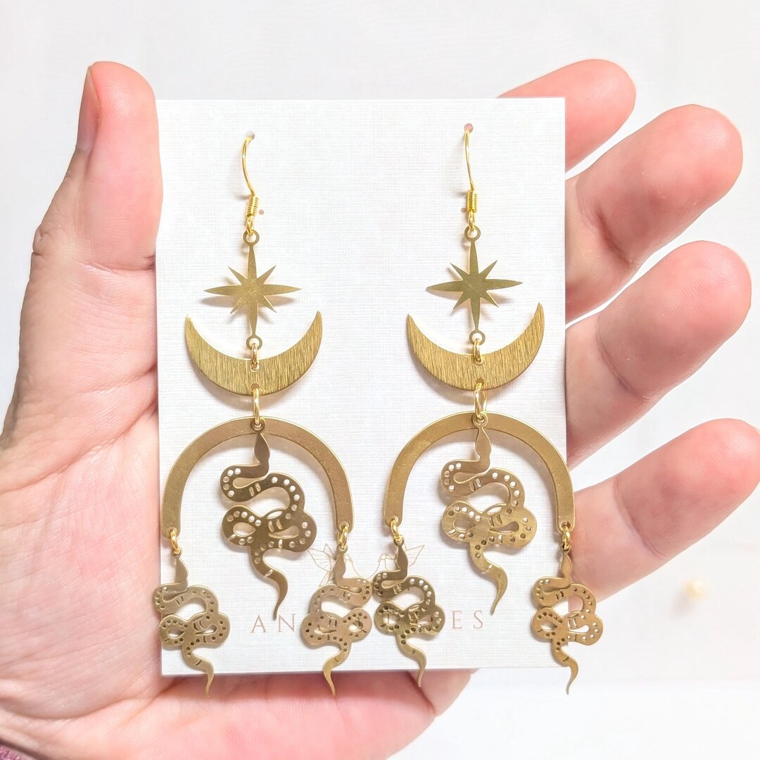 Brass Snake Eclipse Earrings: Celestial Moon Phase Dangle - Etsy