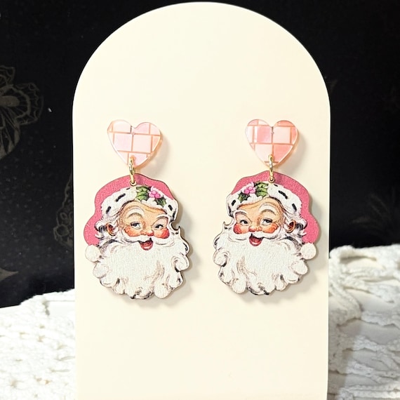 Vintage Style Santa Earrings, Pink Heart, Gold Plated, Holiday Jewelry