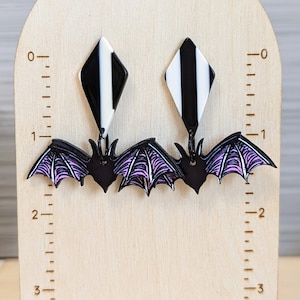 Black and White Stripe Earrings, Bats, Striped Diamond Shaped, Geometric Dangle Statement Earrings, Gift for her, Women Teens