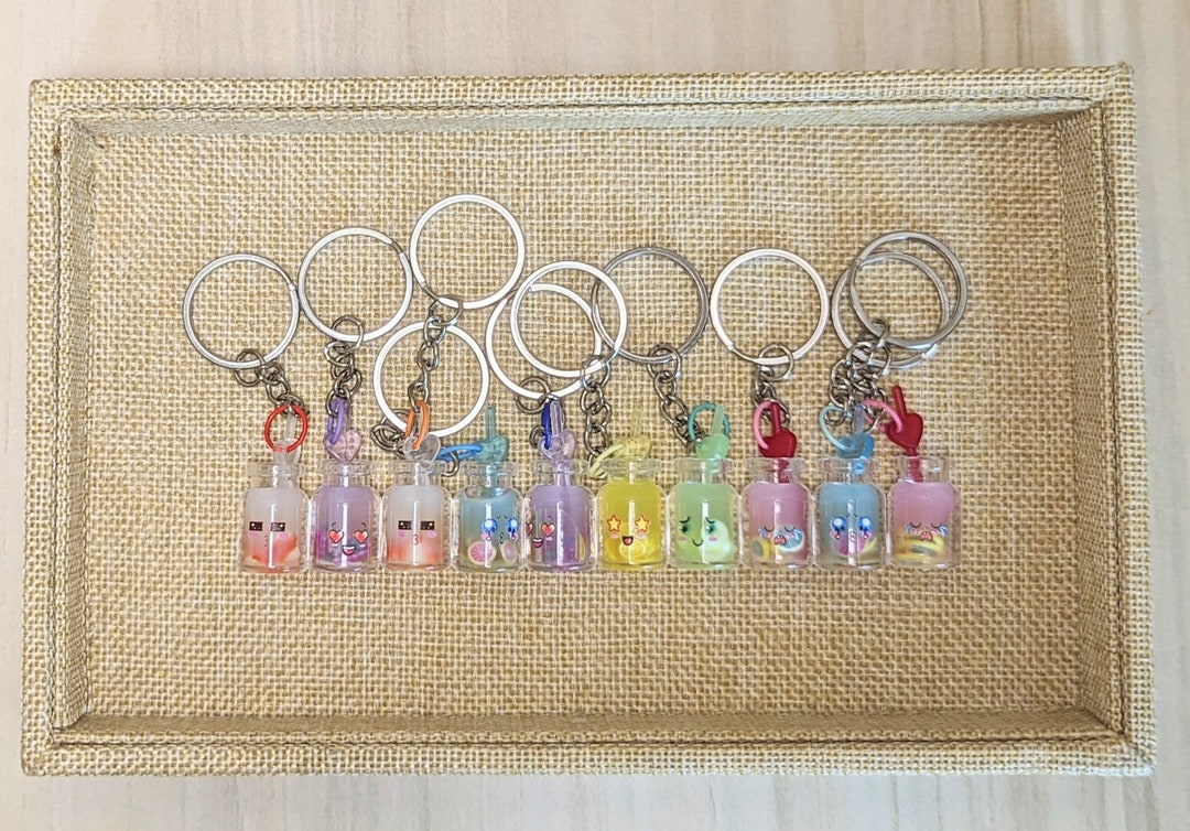 CLEARANCE// TEN 10 Fruit Juice Keychains, Sweet Party Favors, Multiple