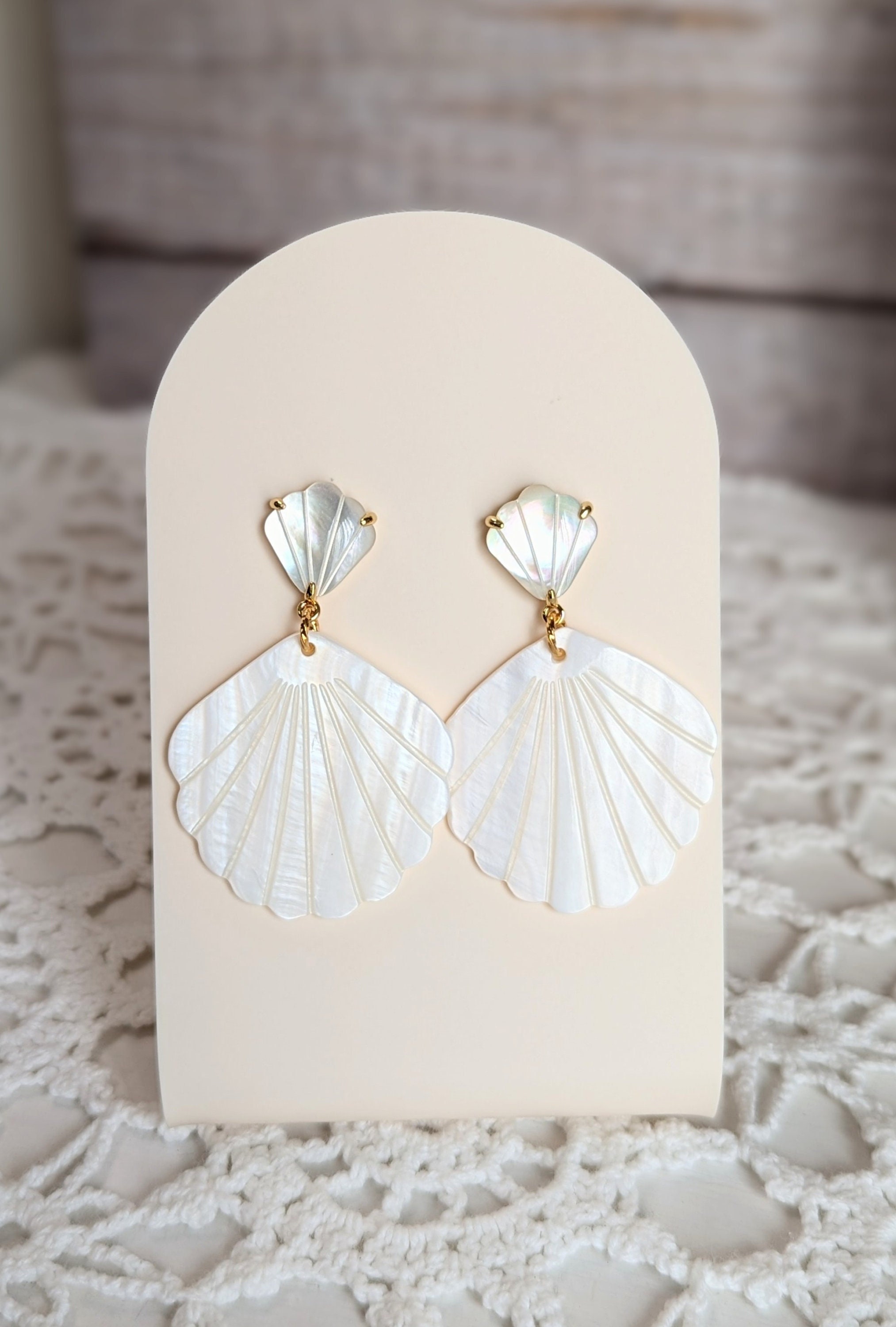 Large Scallop Shell Earrings: Gold-Plated Mother of Pearl Bridal Jewelry