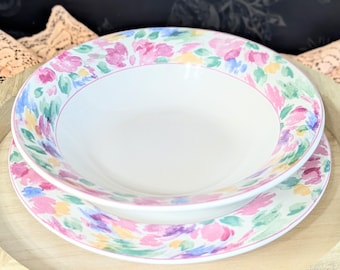 Vintage Vitromaster Bali Salad Plate & Soup Bowl Set: 80s Pastel Floral