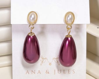 Faux Pearl Maroon Teardrop Earrings: Vintage Statement Pearls