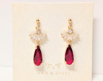 Art Deco Ruby Teardrop Earrings: Gold Plated Bridal Jewelry