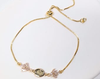 Olive Green Art Deco Bracelet; Adjustable: Gold Plated