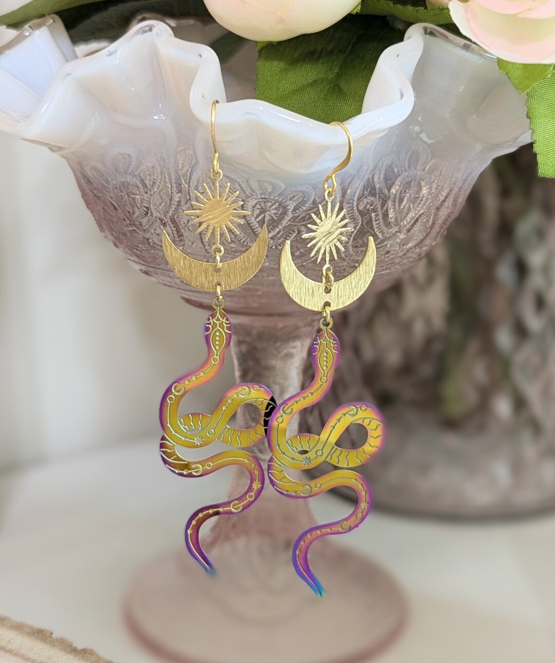 Gold Eclipse Rainbow Snake Earrings, Statement Earrings, EDM ...