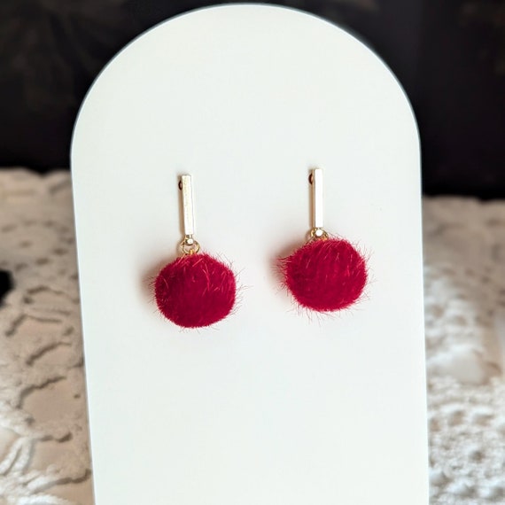 Red Faux Fur Pom Drop Earrings: Gold Plated, Hypoallergenic UK