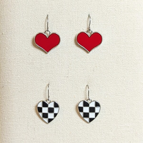 DEAL// Enamel Heart Silver Drop Earrings, Red, Black and White, Checkered, Y2K, Hypoallergenic, Gift for her, Women Girls Teens Friend