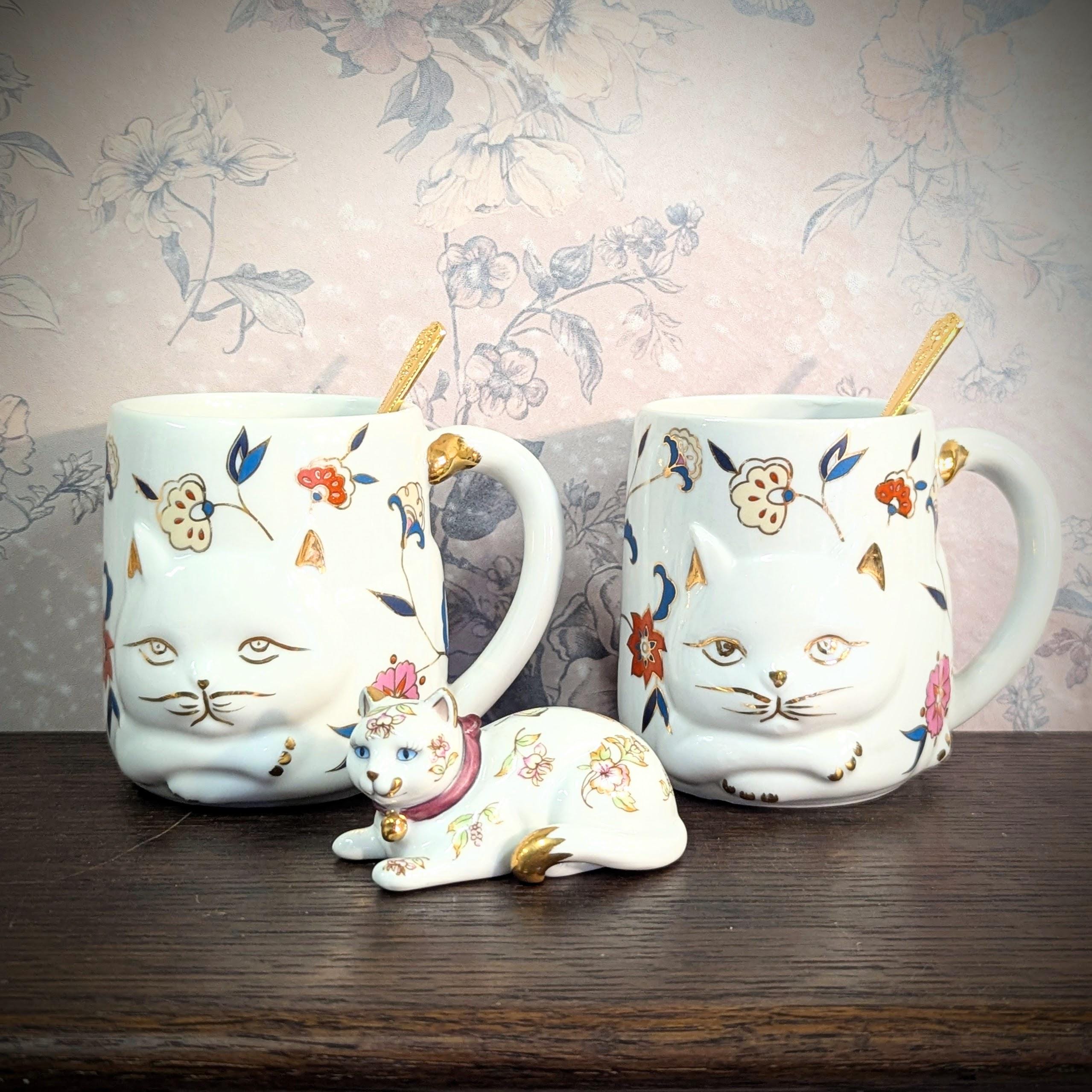 Vintage Cat Mug Set: Satsuma Cat & Gold Floral Mugs - Henriksen Imports Japan