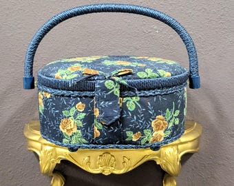 Vintage Blue Floral Sewing Box: Fabric Covered Craft Storage