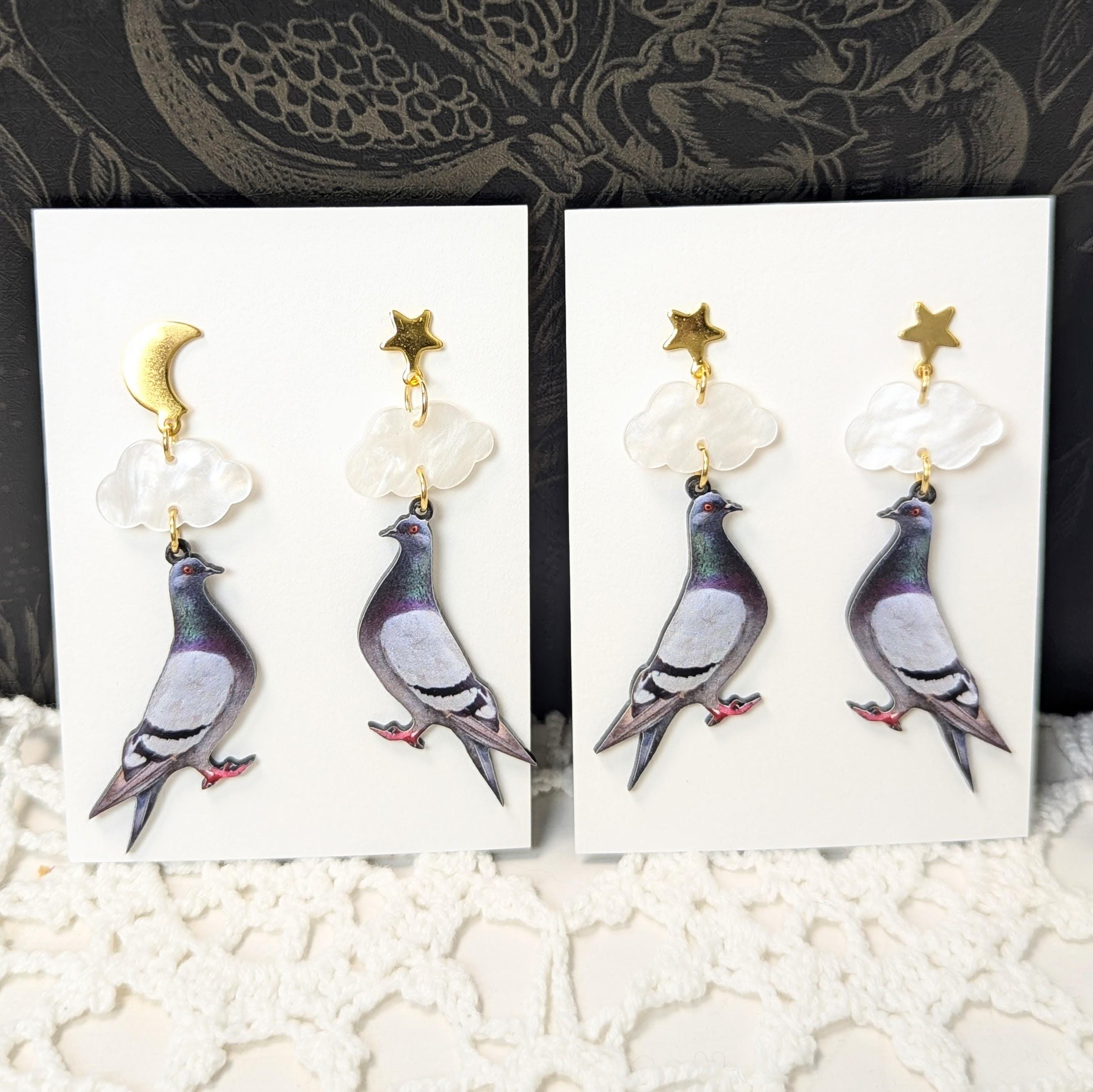 Pigeon Drop Earrings: Acrylic Bird with Gold Star Studs, Hypoallergenic