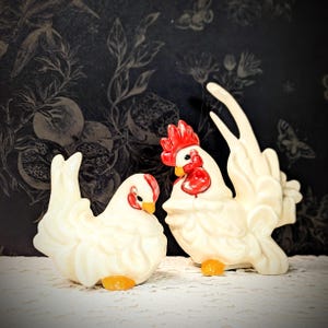 Vintage Hen and Rooster Pair, Cream Chickens, Cute Chickens, Farm Animals, Signed by Artist, Gift for her, Women, Men, Mom, Dad