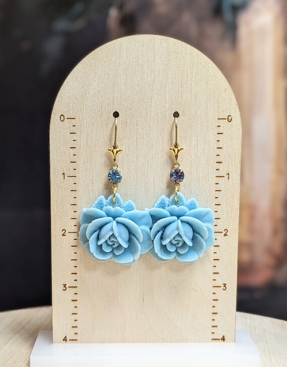 Light Blue Resin Rose Earrings: Vintage Style Bridal Drop Earrings